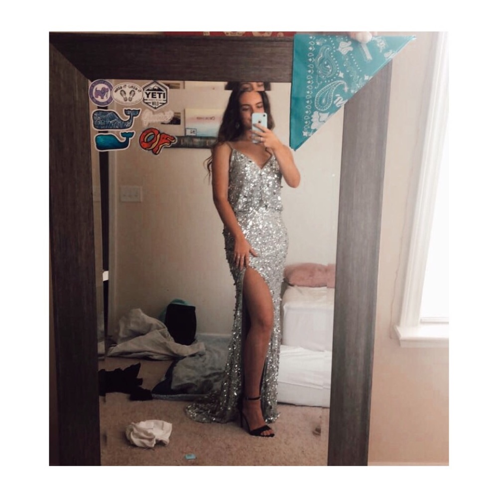 Sherri Hill silver prom dress style #52452